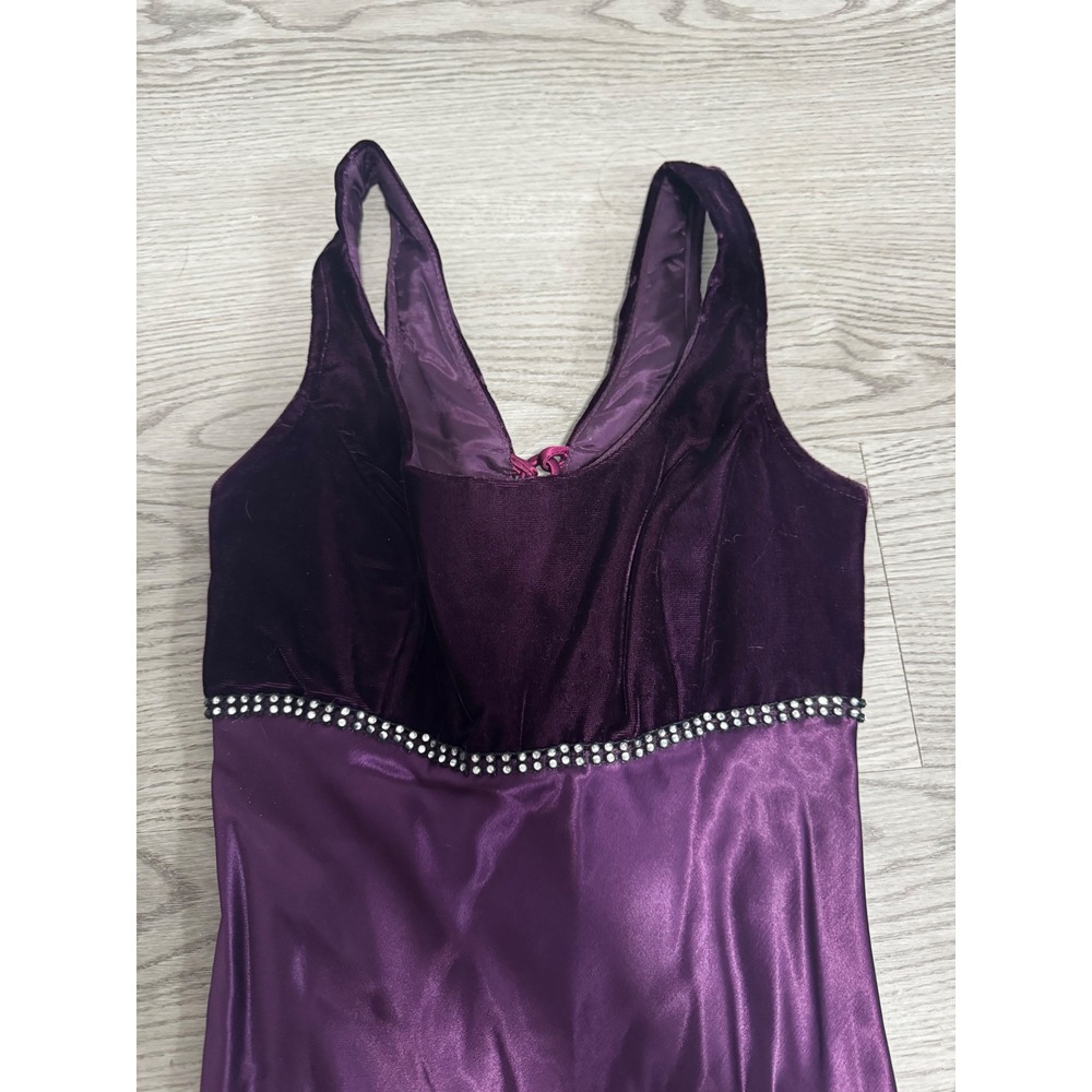 Vintage Jump Apparel Co Purple Velvet Satin Rhinestone Lace Up Maxi Dress Size 3 - Picture 2 of 5